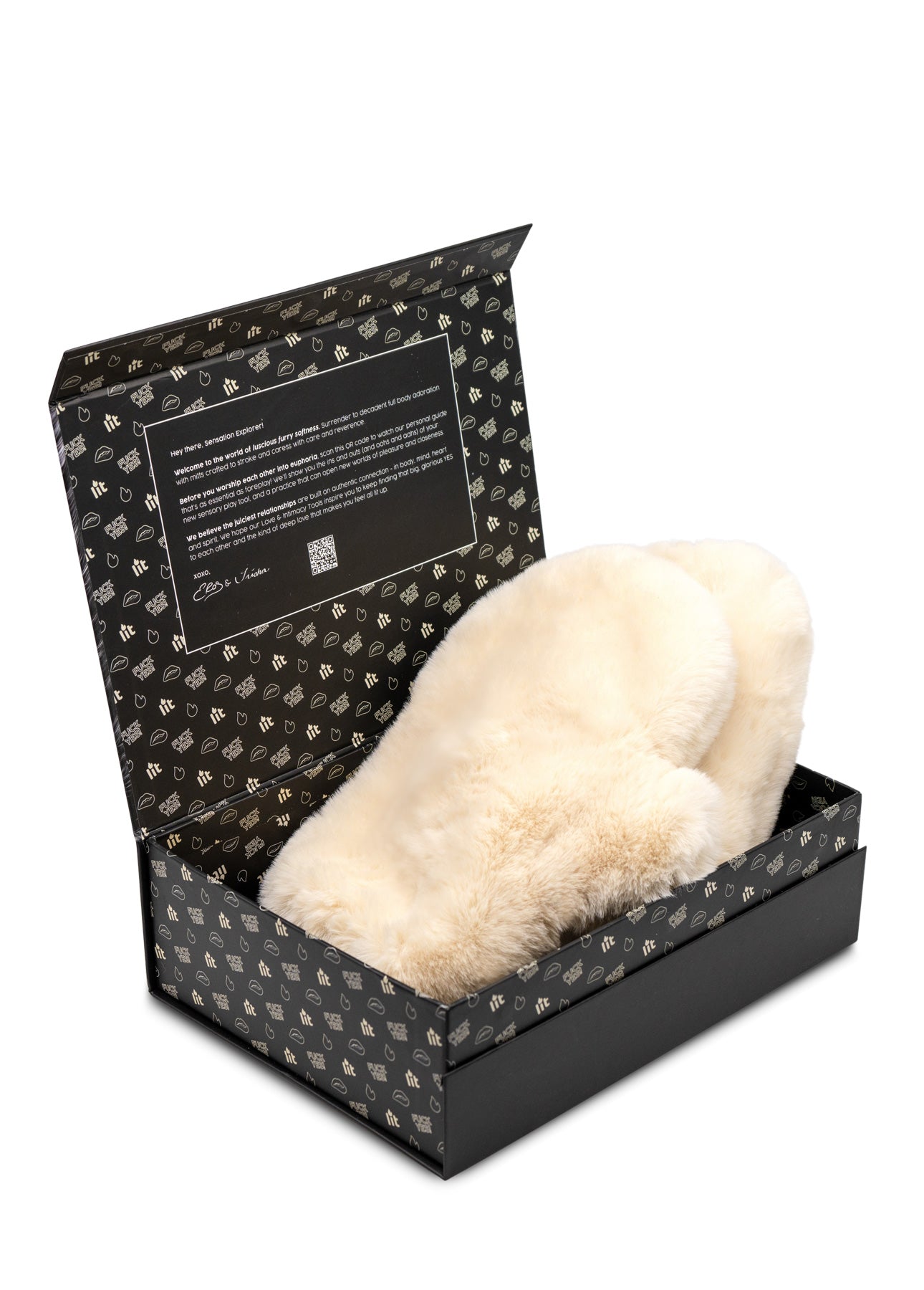 Sweet Sub Mittens faux fur massage gloves in open gift box